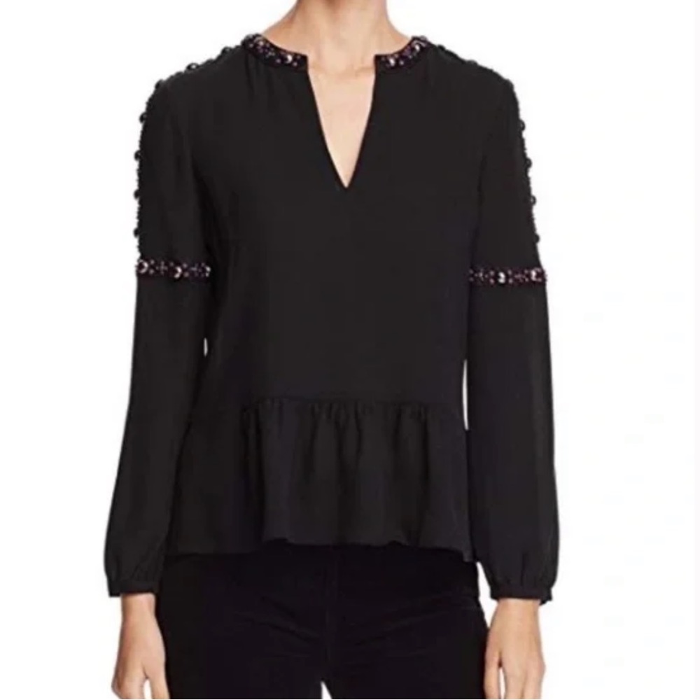 TORY BURCH SILK BEADED TOP | SIZE 4 | BLACK WITH SILVER AND PURPLE BEADS
